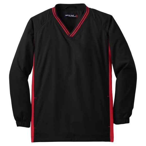 Sport-Tek Youth Black True Red Tipped V-Neck Raglan Wind Shirt Fashion
