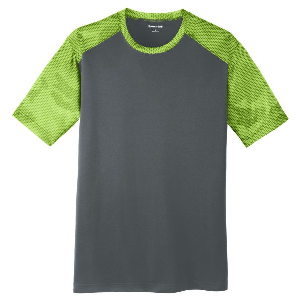 Sport-Tek Men s Iron Grey Lime Shock CamoHex Colorblock Tee on Sale