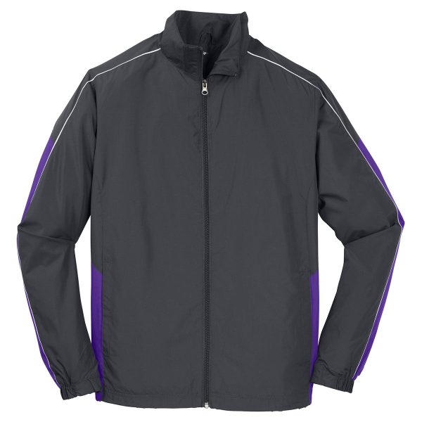 Sport-Tek Men s Graphite Grey Purple White Piped Colorblock Wind Jacket For Discount